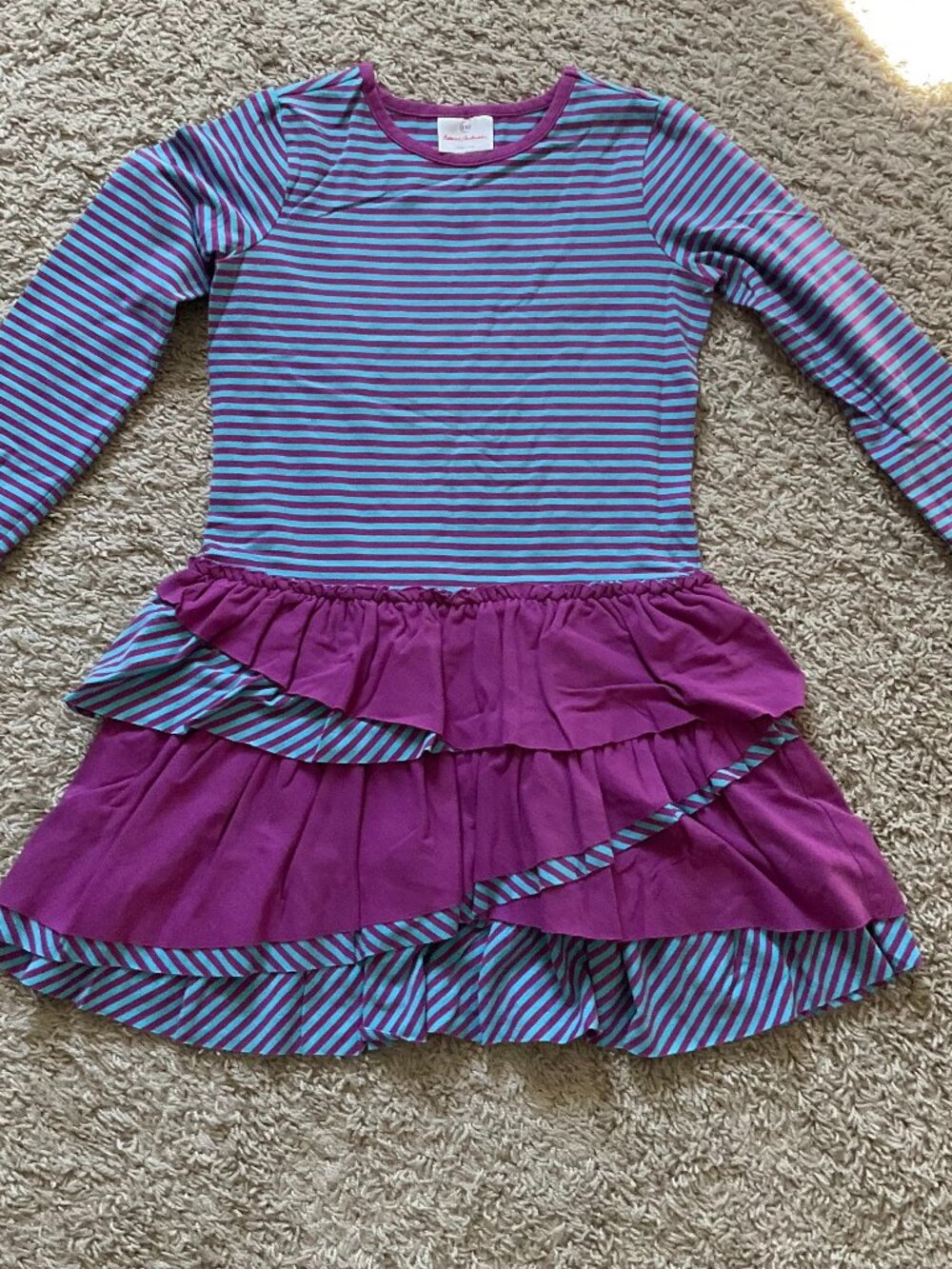 Hanna Andersson Striped Dress with Tiered Skirt. Size 130 (US 8). Purple Navy.